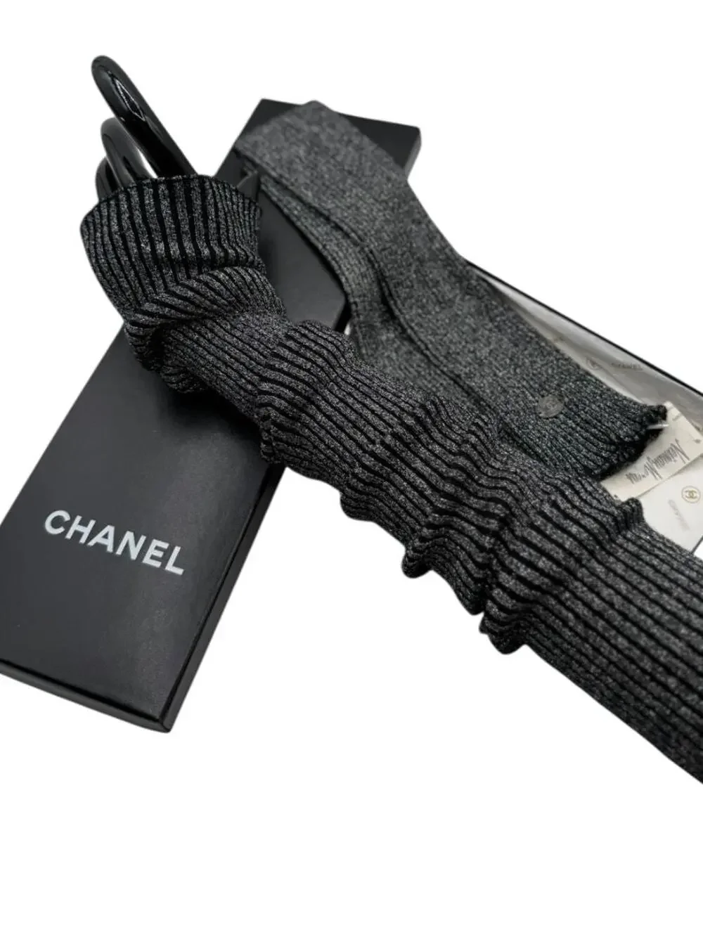 Chanel Gunmetal Silver Ribbed Long Fingerless Gloves with Box